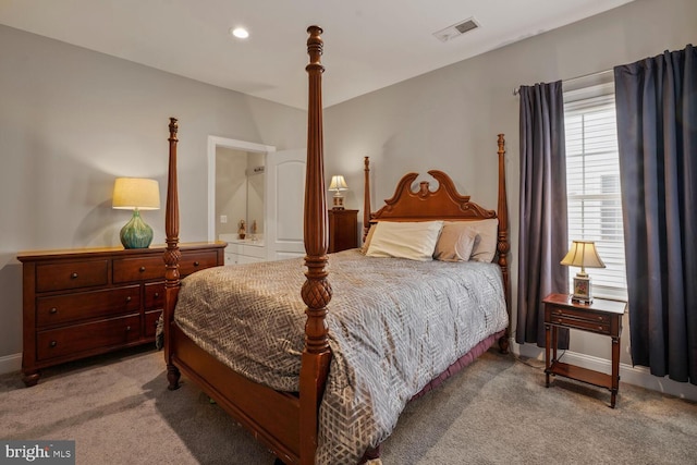 bedroom featuring carpet flooring, connected bathroom, baseboards, and recessed lighting