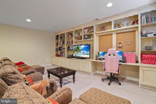living area with carpet floors, baseboards, and recessed lighting