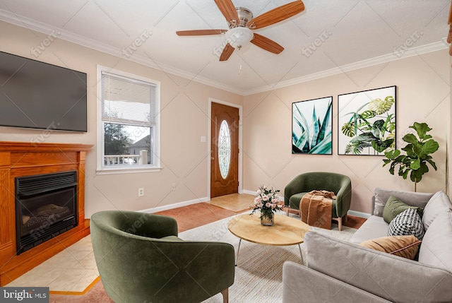 1903 Walnut Ave, Baltimore, MD 21222 - living room featuring light tile patterned floors, ornamental molding, a fireplace, and ceiling fan