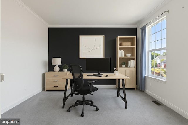 carpeted office space with visible vents, ornamental molding, and a healthy amount of sunlight