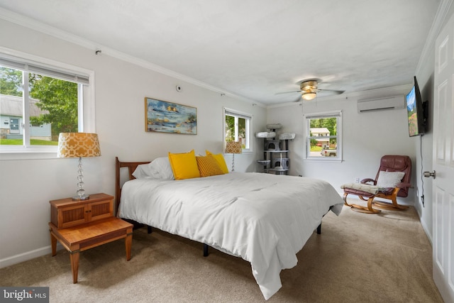 1826 Hylton Ave, Woodbridge, VA 22191 - carpeted bedroom featuring crown molding, a wall mounted AC, baseboards, and a ceiling fan