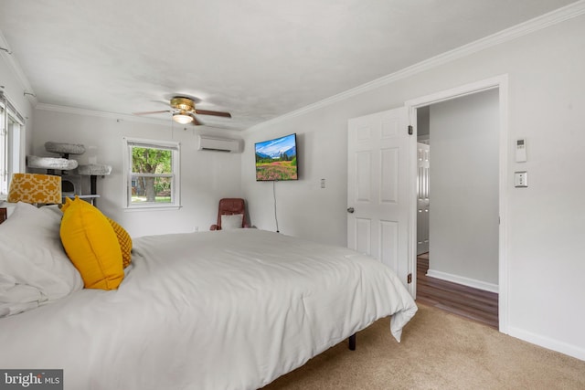 1826 Hylton Ave, Woodbridge, VA 22191 - carpeted bedroom with ornamental molding, a wall mounted AC, baseboards, and ceiling fan