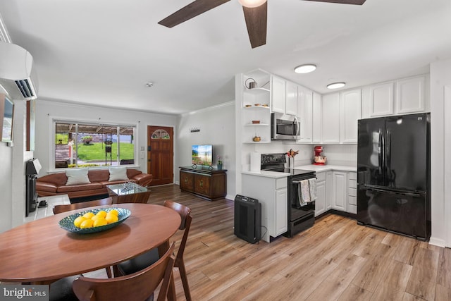 1826 Hylton Ave, Woodbridge, VA 22191 - kitchen with black appliances, open shelves, light countertops, white cabinets, and ornamental molding