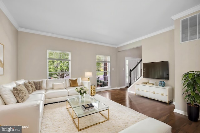 7883 Leroux Ln, Manassas, VA 20112 - living area with dark wood-style flooring, crown molding, stairway, and baseboards