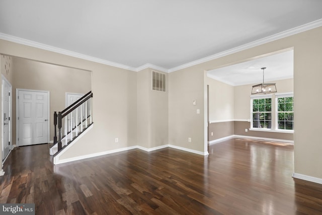 7883 Leroux Ln, Manassas, VA 20112 - unfurnished living room featuring stairs, wood finished floors, baseboards, a chandelier, and crown molding