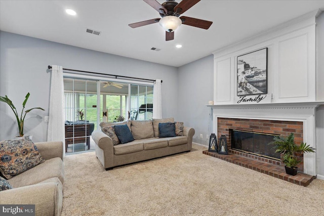 3565 Hummock Pl, Woodbridge, VA 22192 - carpeted living room with a ceiling fan, a fireplace, recessed lighting, and baseboards