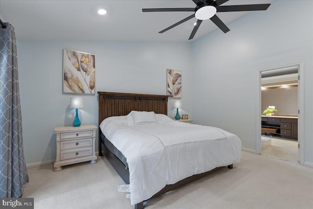 3565 Hummock Pl, Woodbridge, VA 22192 - bedroom featuring light carpet, lofted ceiling, baseboards, a ceiling fan, and ensuite bathroom