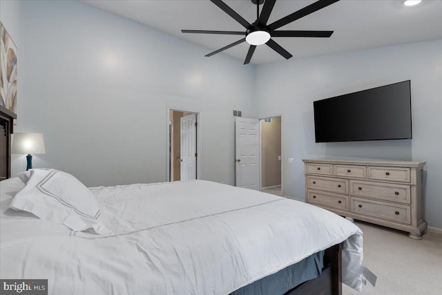 3565 Hummock Pl, Woodbridge, VA 22192 - bedroom featuring light carpet, vaulted ceiling, and ceiling fan