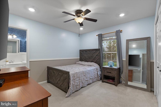 3565 Hummock Pl, Woodbridge, VA 22192 - bedroom with light colored carpet, ceiling fan, and recessed lighting