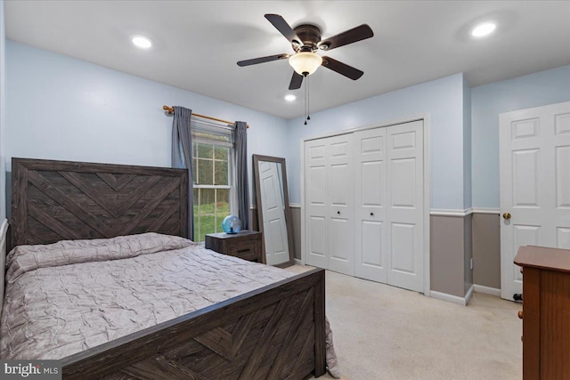 3565 Hummock Pl, Woodbridge, VA 22192 - bedroom featuring baseboards, light carpet, a closet, recessed lighting, and a ceiling fan