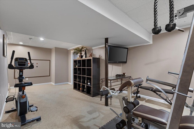 3565 Hummock Pl, Woodbridge, VA 22192 - exercise room featuring carpet floors, a paneled ceiling, baseboards, and recessed lighting