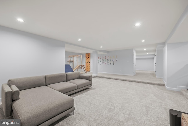 living room with stairway, baseboards, recessed lighting, and light colored carpet