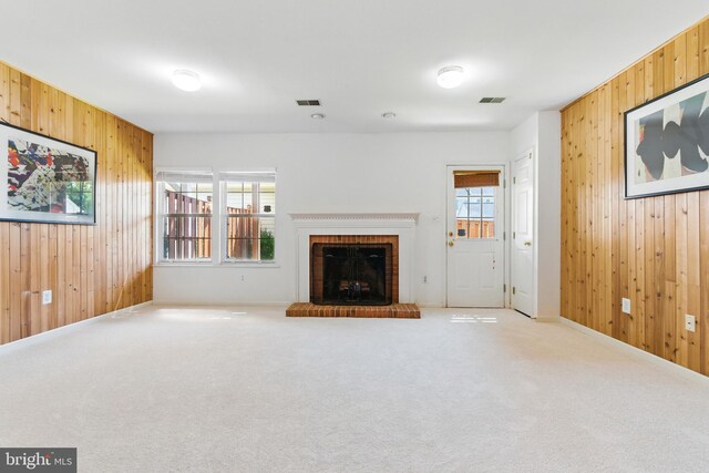 13014 Prairie Knoll Ct, Germantown, MD 20874 - unfurnished living room with a fireplace, wooden walls, carpet floors, and baseboards