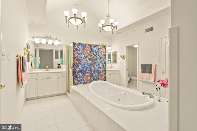 bathroom with visible vents, a stall shower, a tub with jets, toilet, and a notable chandelier