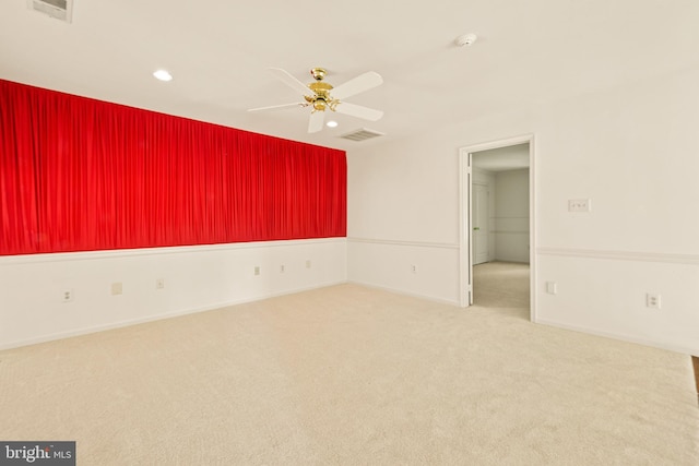 carpeted spare room with baseboards, recessed lighting, visible vents, and ceiling fan