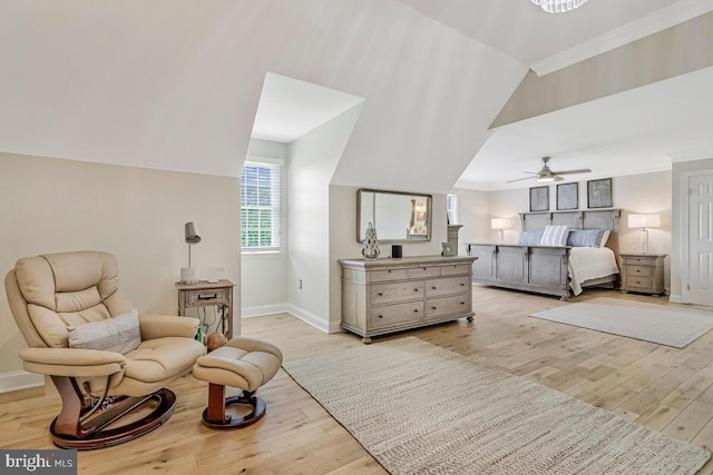2840 Dunleigh Dr, Dunkirk, MD 20754 - bedroom with baseboards, vaulted ceiling, ornamental molding, and light wood-type flooring