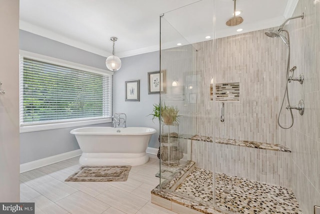 2840 Dunleigh Dr, Dunkirk, MD 20754 - full bath with a freestanding bath, tile patterned flooring, a shower stall, baseboards, and ornamental molding