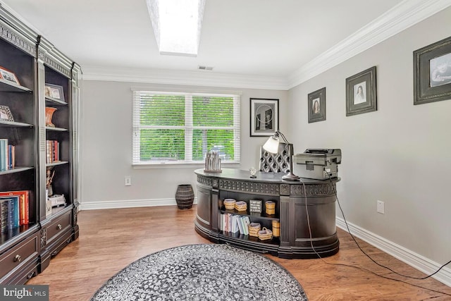 2840 Dunleigh Dr, Dunkirk, MD 20754 - office space featuring baseboards, ornamental molding, wood finished floors, and visible vents