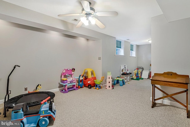 2840 Dunleigh Dr, Dunkirk, MD 20754 - recreation room with carpet floors, a ceiling fan, and baseboards