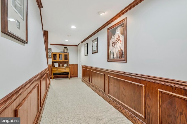 2840 Dunleigh Dr, Dunkirk, MD 20754 - hall with wainscoting, light carpet, a decorative wall, recessed lighting, and ornamental molding