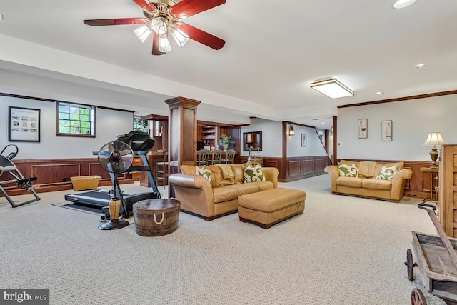2840 Dunleigh Dr, Dunkirk, MD 20754 - interior space with a wainscoted wall, a ceiling fan, and carpet floors