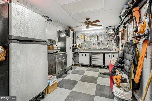 2840 Dunleigh Dr, Dunkirk, MD 20754 - kitchen with freestanding refrigerator, ceiling fan, and tile patterned floors