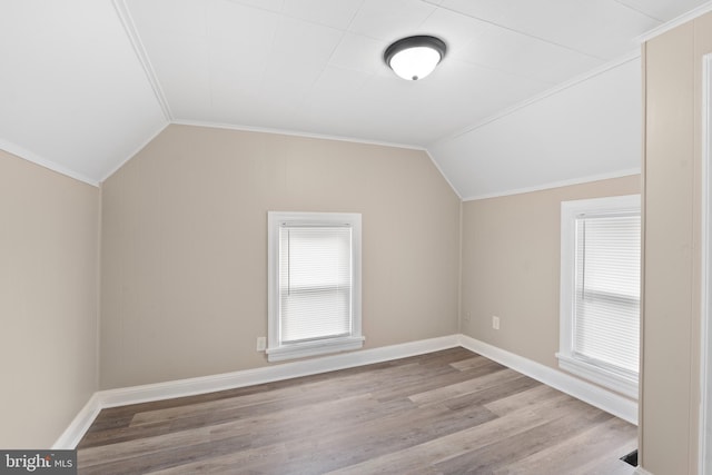 additional living space with wood finished floors, baseboards, and lofted ceiling