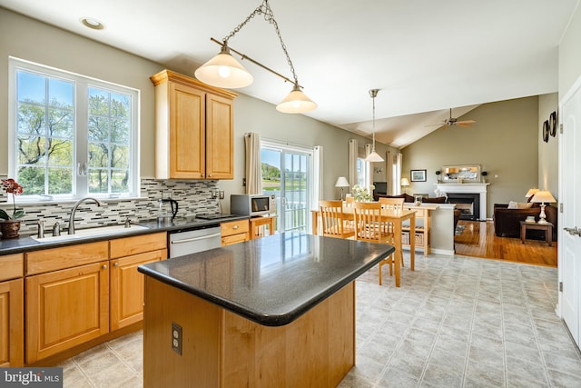 kitchen with a sink, plenty of natural light, stainless steel appliances, and ceiling fan