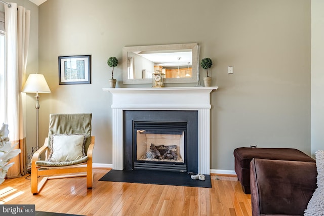 sitting room featuring a fireplace with flush hearth, baseboards, and wood finished floors