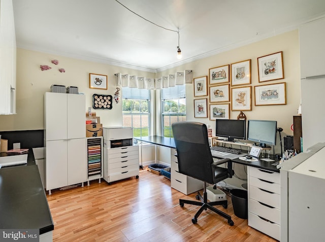 office area with ornamental molding and light wood-style flooring