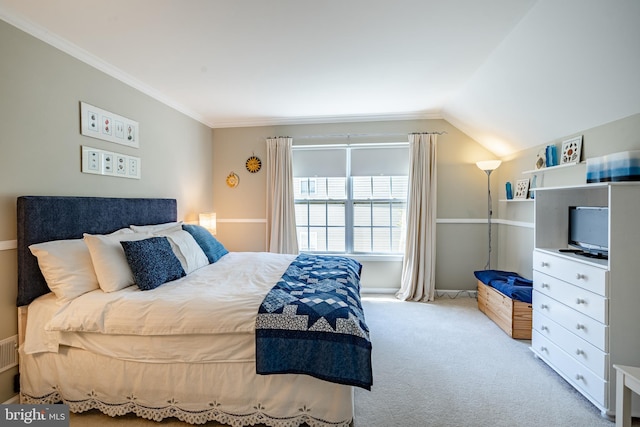 carpeted bedroom featuring crown molding