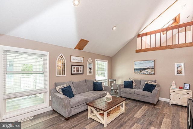 8 Candytuft Ln, Ocean Pines, MD 21811 - living room with visible vents, high vaulted ceiling, dark wood finished floors, and baseboards