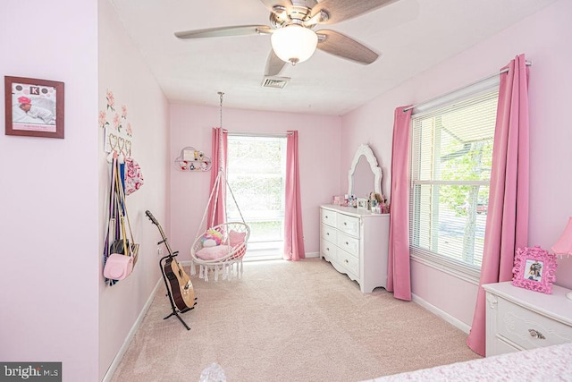 8 Candytuft Ln, Ocean Pines, MD 21811 - bedroom with visible vents, baseboards, a ceiling fan, and light carpet