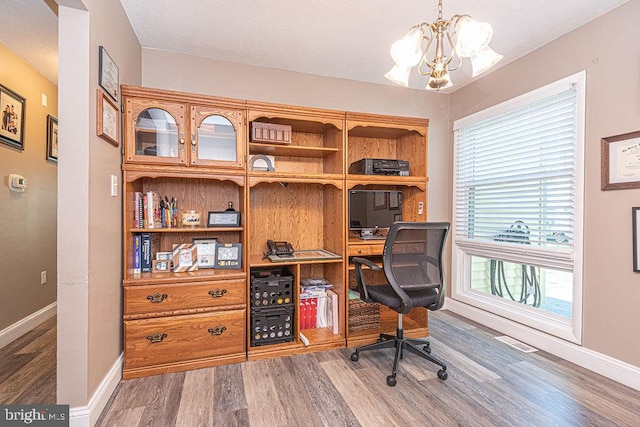 8 Candytuft Ln, Ocean Pines, MD 21811 - office space with baseboards, visible vents, wood finished floors, and an inviting chandelier