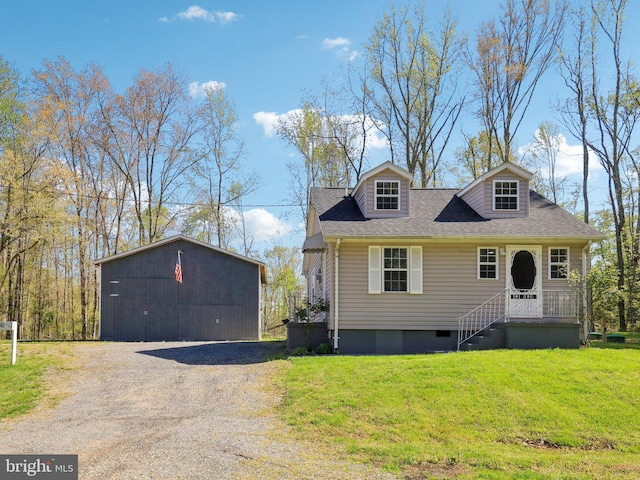 5160 Miller Hill Rd, La Plata, MD 20646 - cape cod-style house featuring crawl space, a front lawn, roof with shingles, and an outbuilding