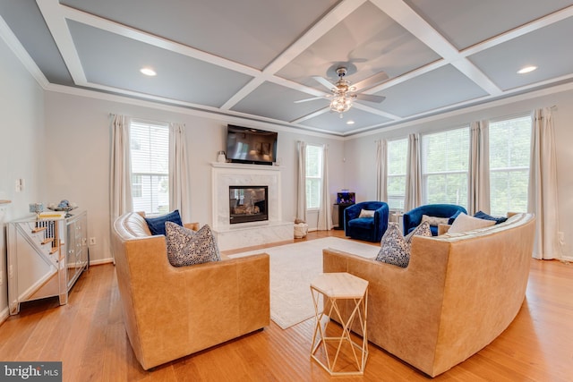 living room with plenty of natural light, light wood-style flooring, a ceiling fan, and a high end fireplace