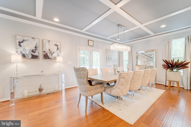 dining room featuring a healthy amount of sunlight, light wood-type flooring, coffered ceiling, and visible vents