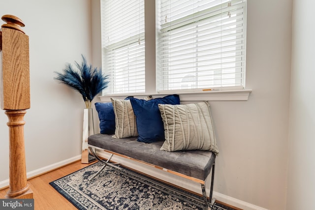 living area with baseboards, plenty of natural light, and wood finished floors