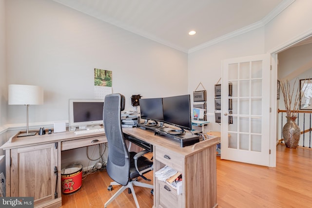 home office with recessed lighting, light wood finished floors, french doors, and crown molding