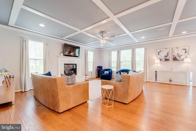 living area featuring coffered ceiling, light wood-type flooring, a high end fireplace, and plenty of natural light