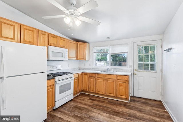 511 9th St, New Castle, DE 19720 - kitchen with vaulted ceiling, white appliances, a sink, and plenty of natural light