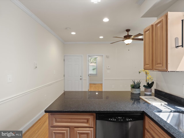 kitchen with light wood finished floors, a peninsula, dishwasher, and a sink