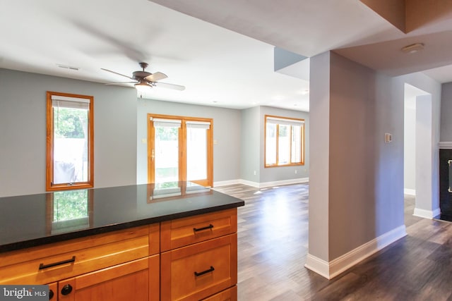 128 Granite Hill Ct, Langhorne, PA 19047 - kitchen with a ceiling fan, dark wood-style flooring, visible vents, baseboards, and open floor plan