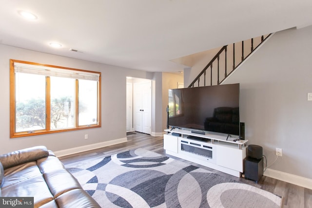 128 Granite Hill Ct, Langhorne, PA 19047 - living room with visible vents, stairs, wood finished floors, baseboards, and recessed lighting