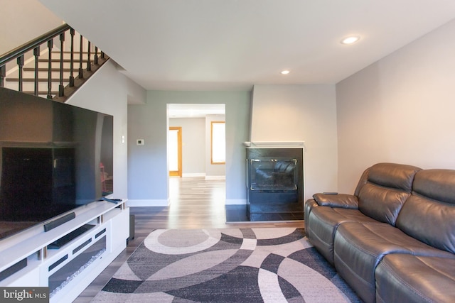 128 Granite Hill Ct, Langhorne, PA 19047 - living room with stairs, recessed lighting, baseboards, and wood finished floors