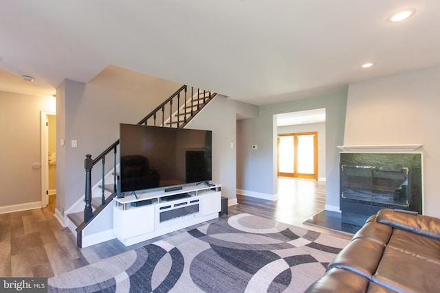 128 Granite Hill Ct, Langhorne, PA 19047 - living area with baseboards, recessed lighting, wood finished floors, and stairway