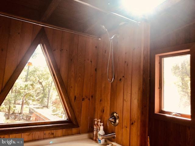 interior details featuring wooden walls