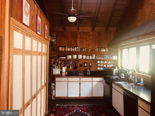 bar with ceiling fan, a sink, wooden ceiling, wooden walls, and black dishwasher