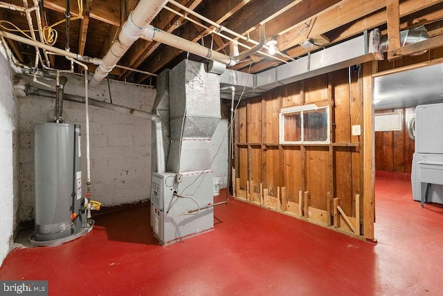 unfinished below grade area with gas water heater and heating unit