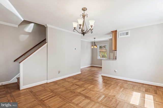 829 S Ivy St, Arlington, VA 22204 - interior space with visible vents, baseboards, a notable chandelier, stairway, and crown molding